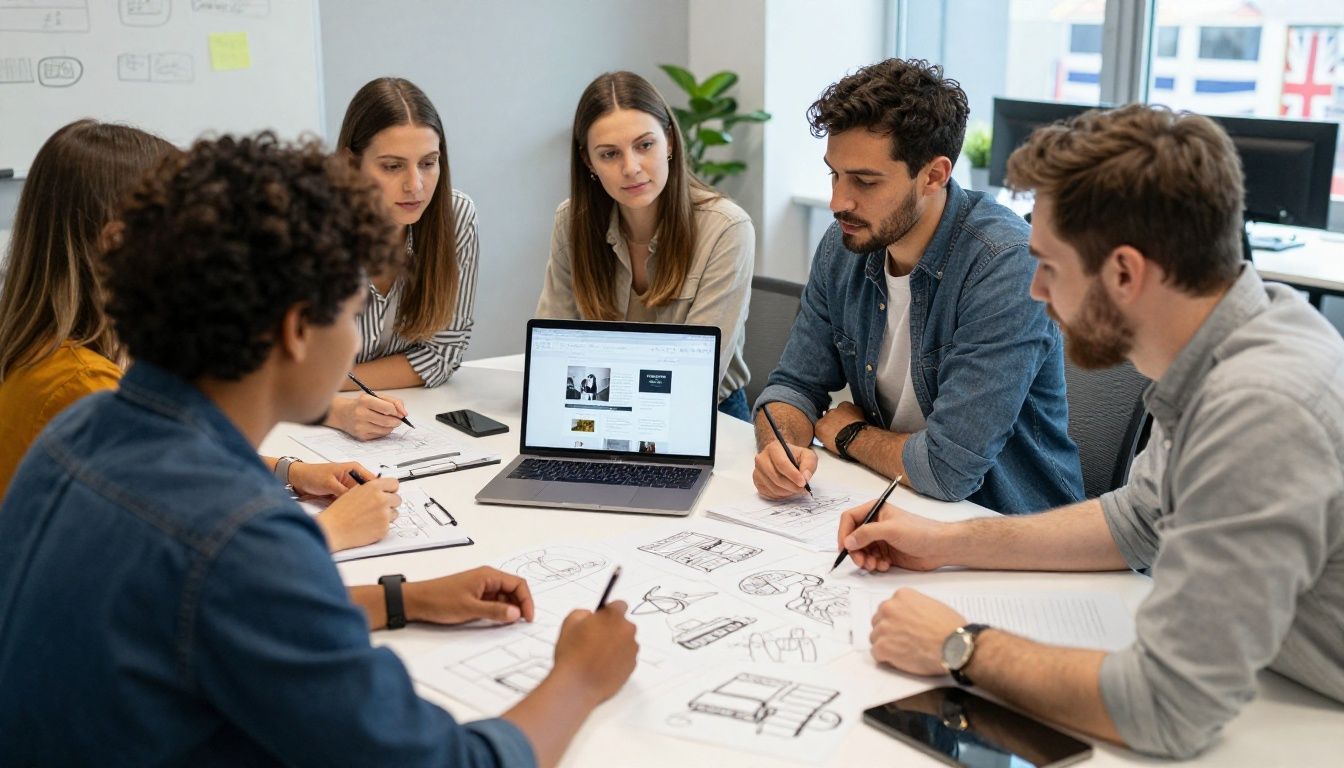 Designers collaborating on a project in a UK office.