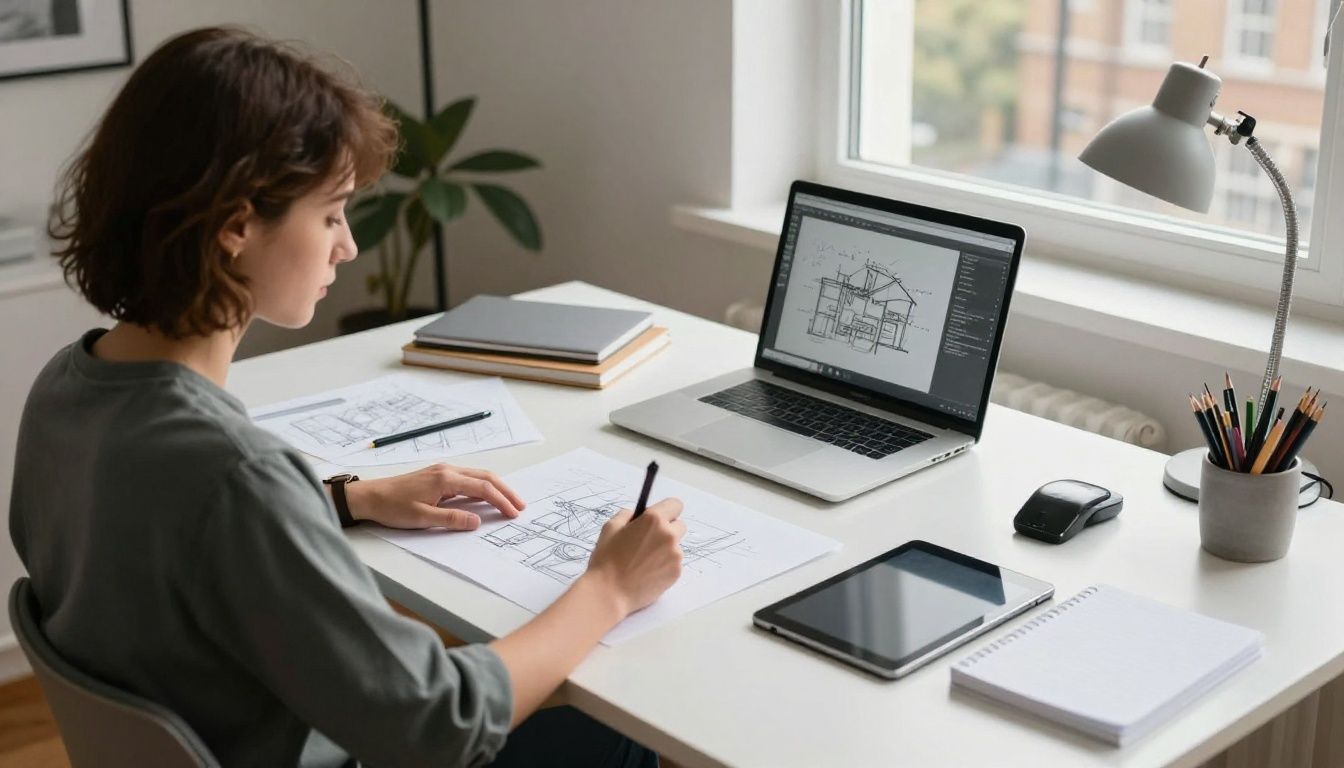 Designer working independently in a modern UK home office.